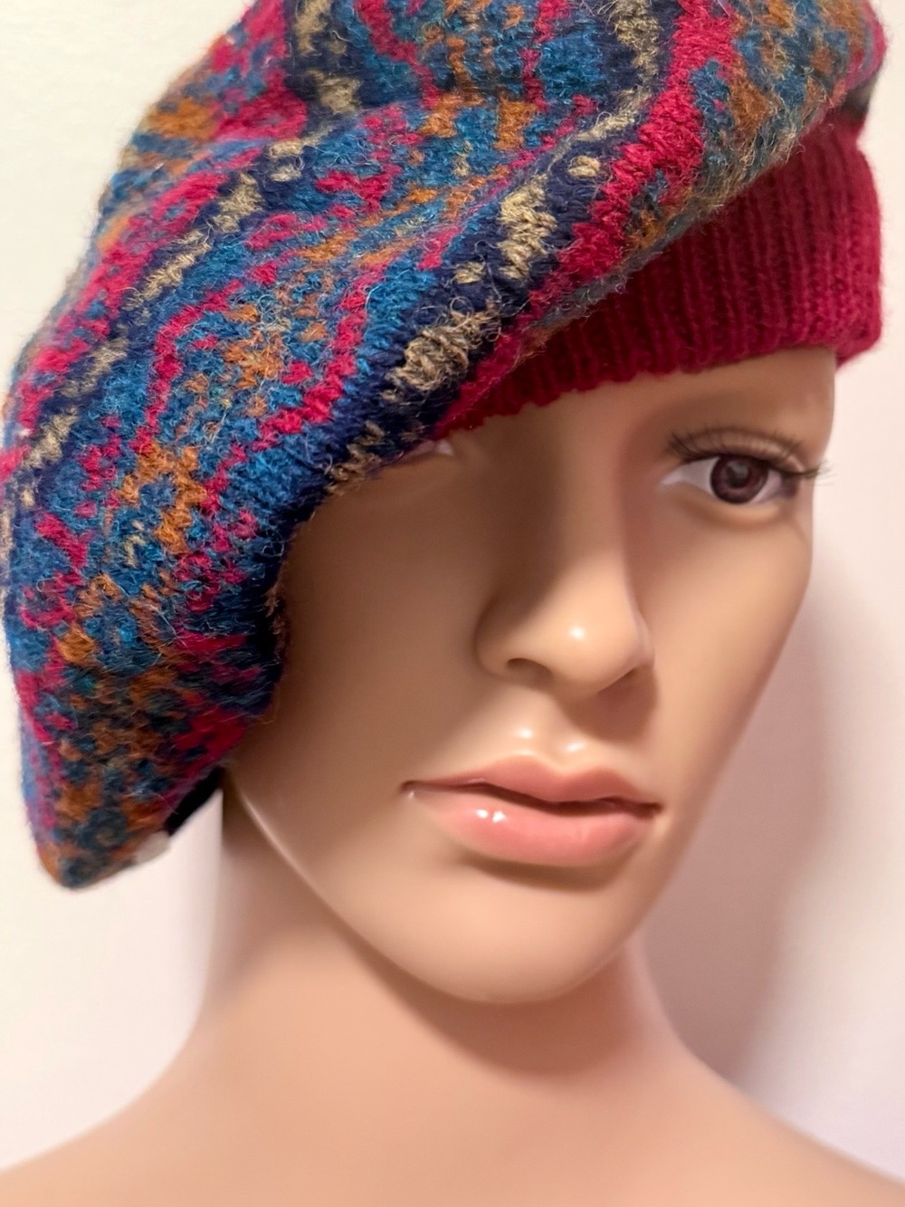 VTG Shetland Designer Fair Isle Tam Beret 100% Pure New Wool Hand Knitted NOS